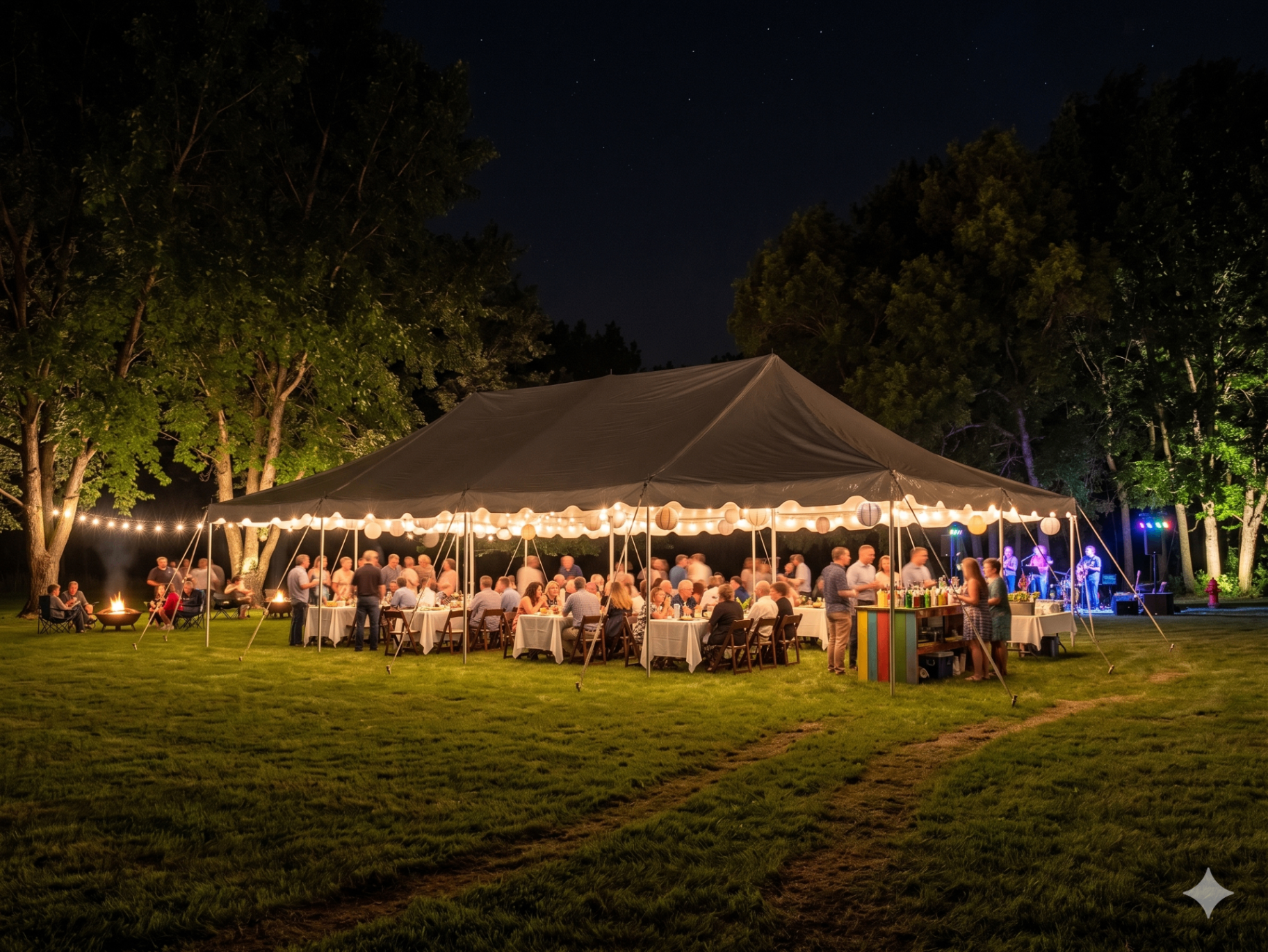 Nighttime backyard event under a large lit tent with string lights, guests dining, and a live band — Amazing Tents & Chairs Flint MI